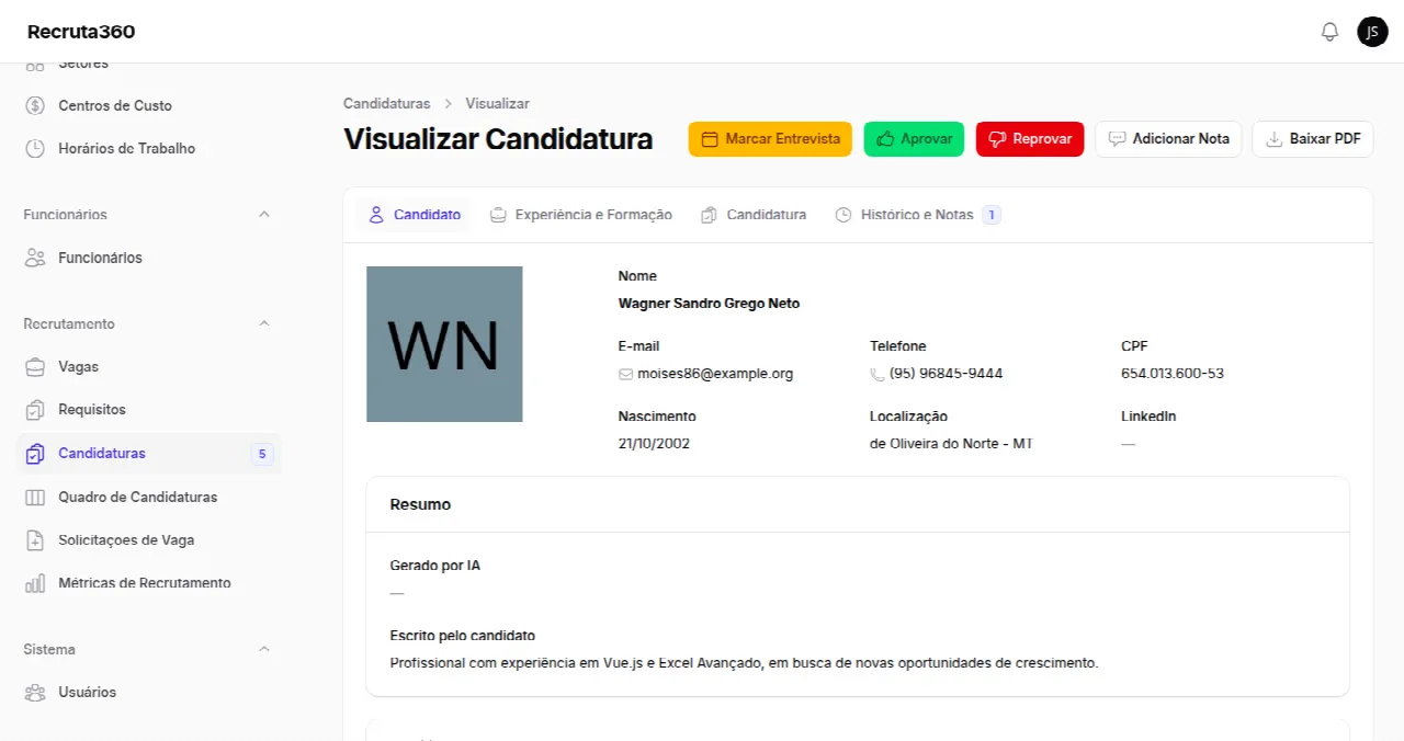 Tela de uma candidatura