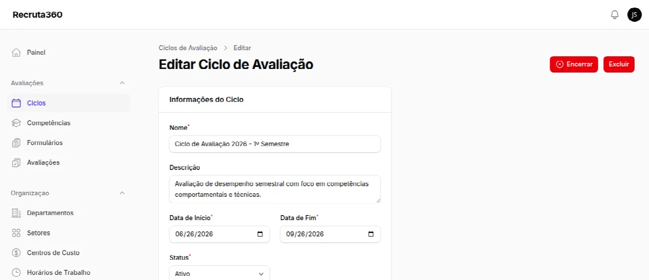 Tela de um ciclo ativo, com o botão Encerrar