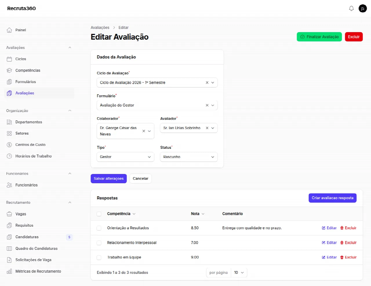 Avaliação em rascunho com as respostas e o botão Finalizar